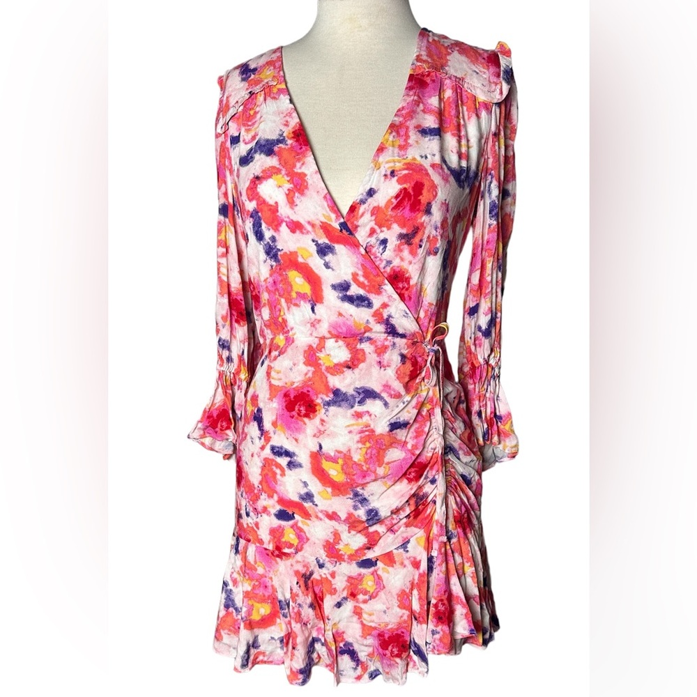 Betsey Johnson Sunset Floral Faux Wrap Dress Pink Yarrow Sz 6 Ruffle V-Neck